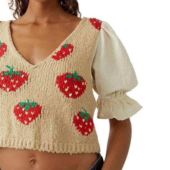 FREE PEOPLE | NWT Women's Strawberry Jam Mixed-Media Crop Top Tan Red Sz XL - Picture 1 of 7